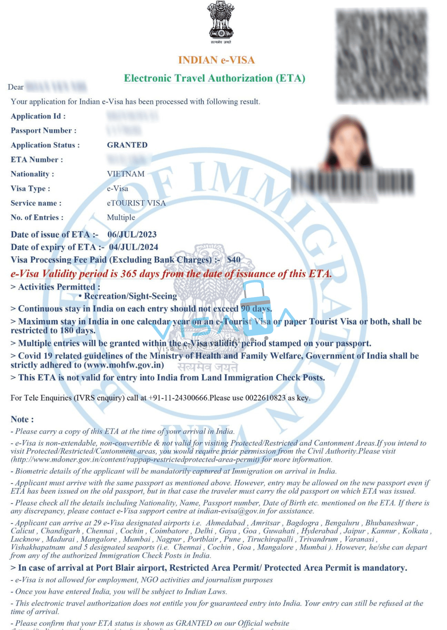 kết quả xin Visa Ấn Độ