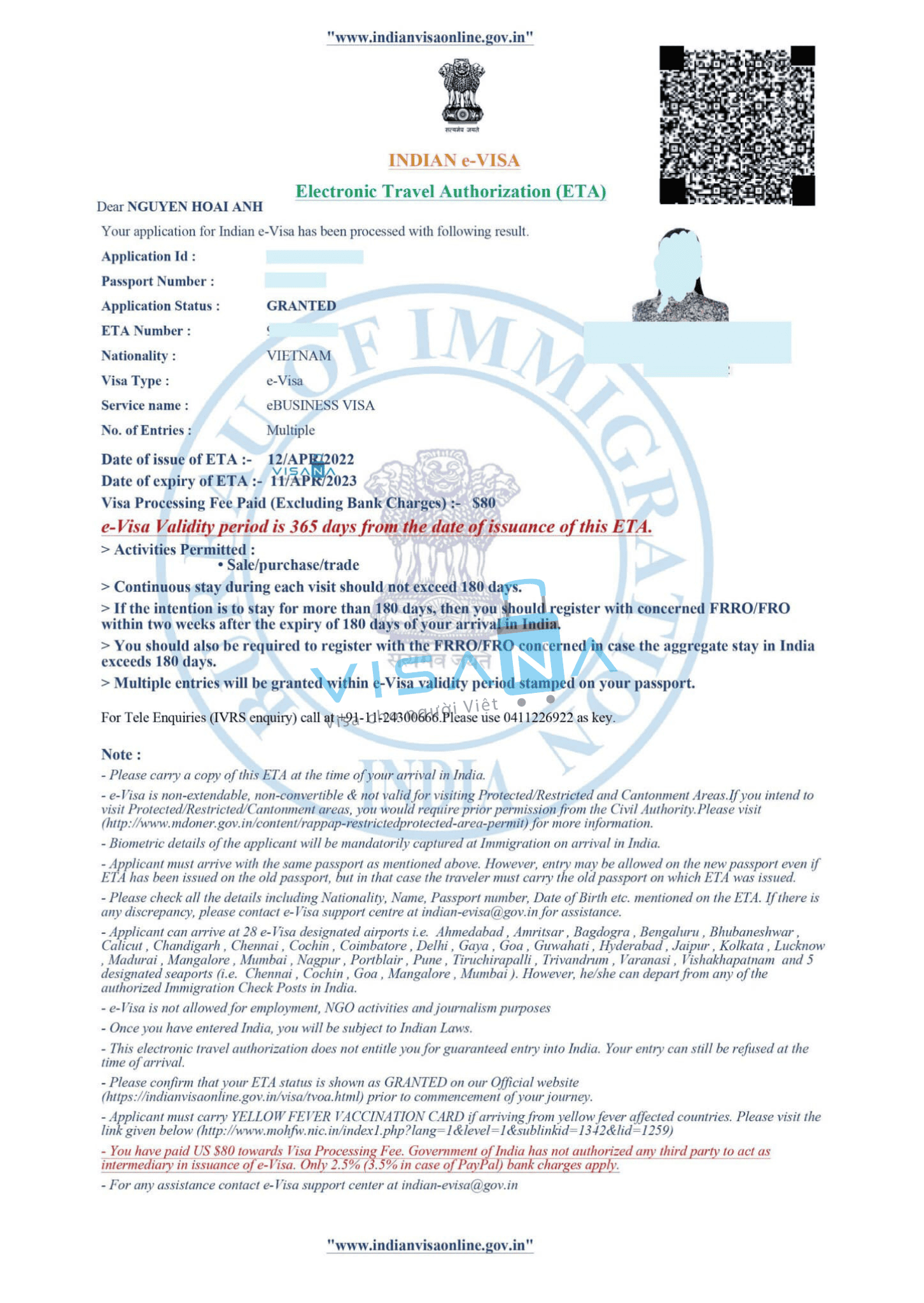 kết quả xin Visa Ấn Độ