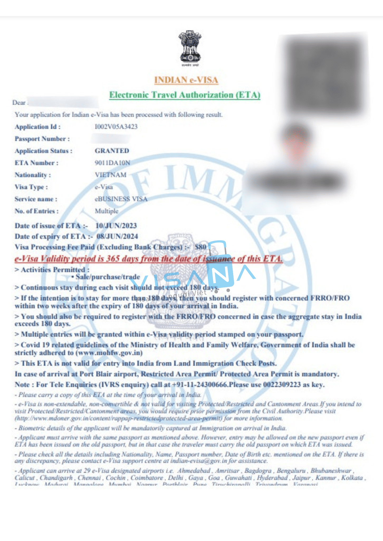 kết quả xin Visa Ấn Độ