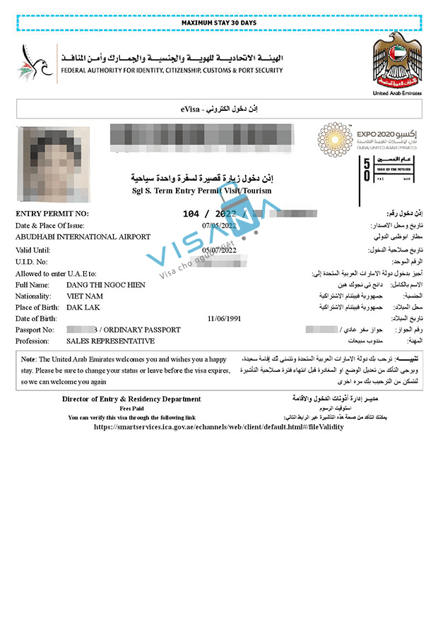 kết quả xin Visa Dubai