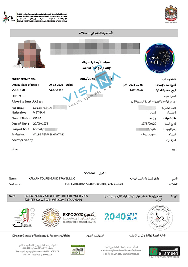 kết quả xin Visa Dubai