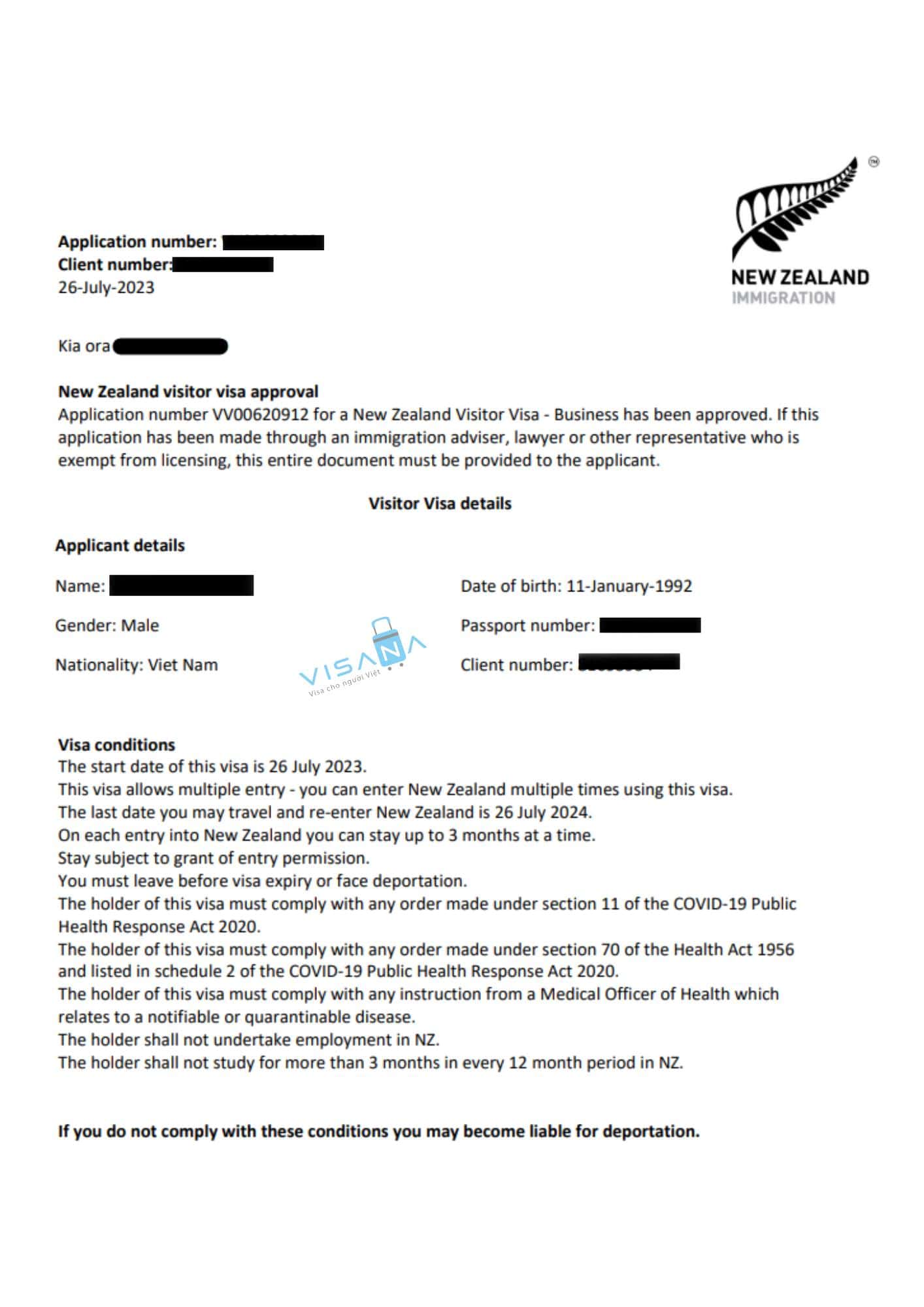 kết quả xin Visa New Zealand