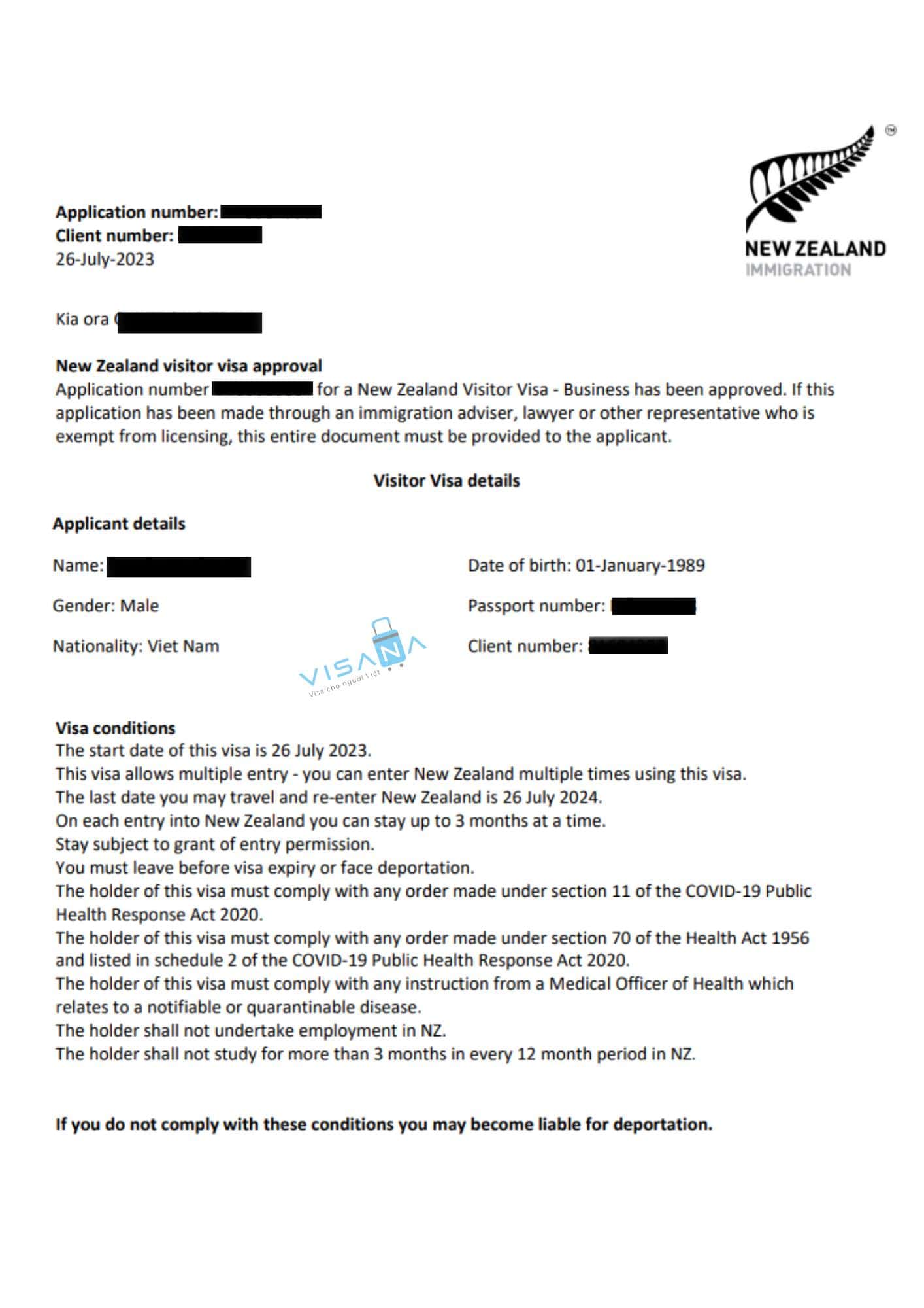 kết quả xin Visa New Zealand