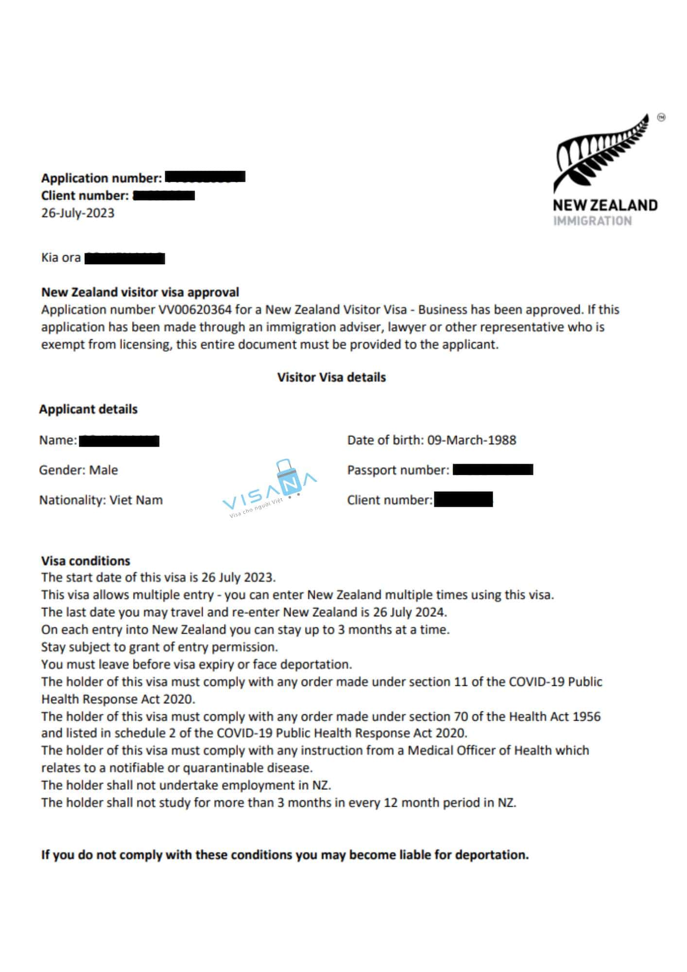 kết quả xin Visa New Zealand