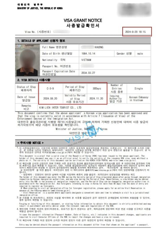kết quả xin Visa Hàn Quốc