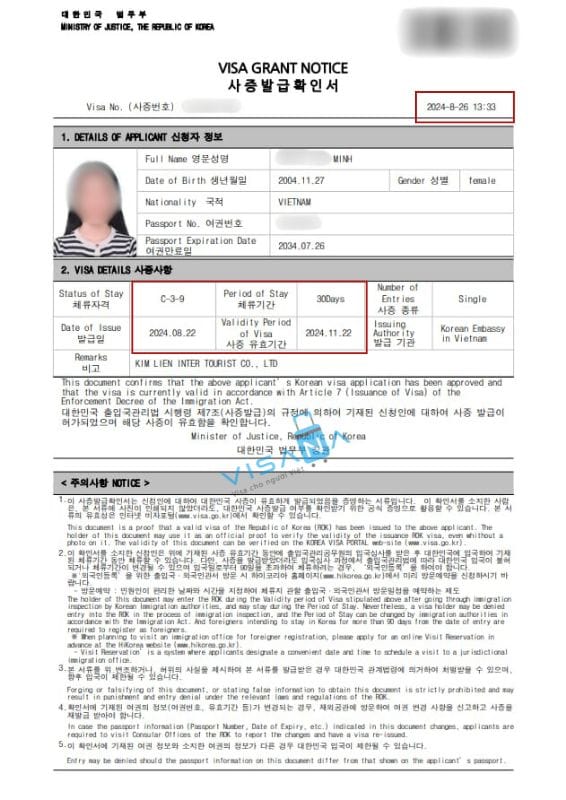 kết quả xin Visa Hàn Quốc