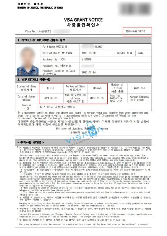 kết quả xin Visa Hàn Quốc
