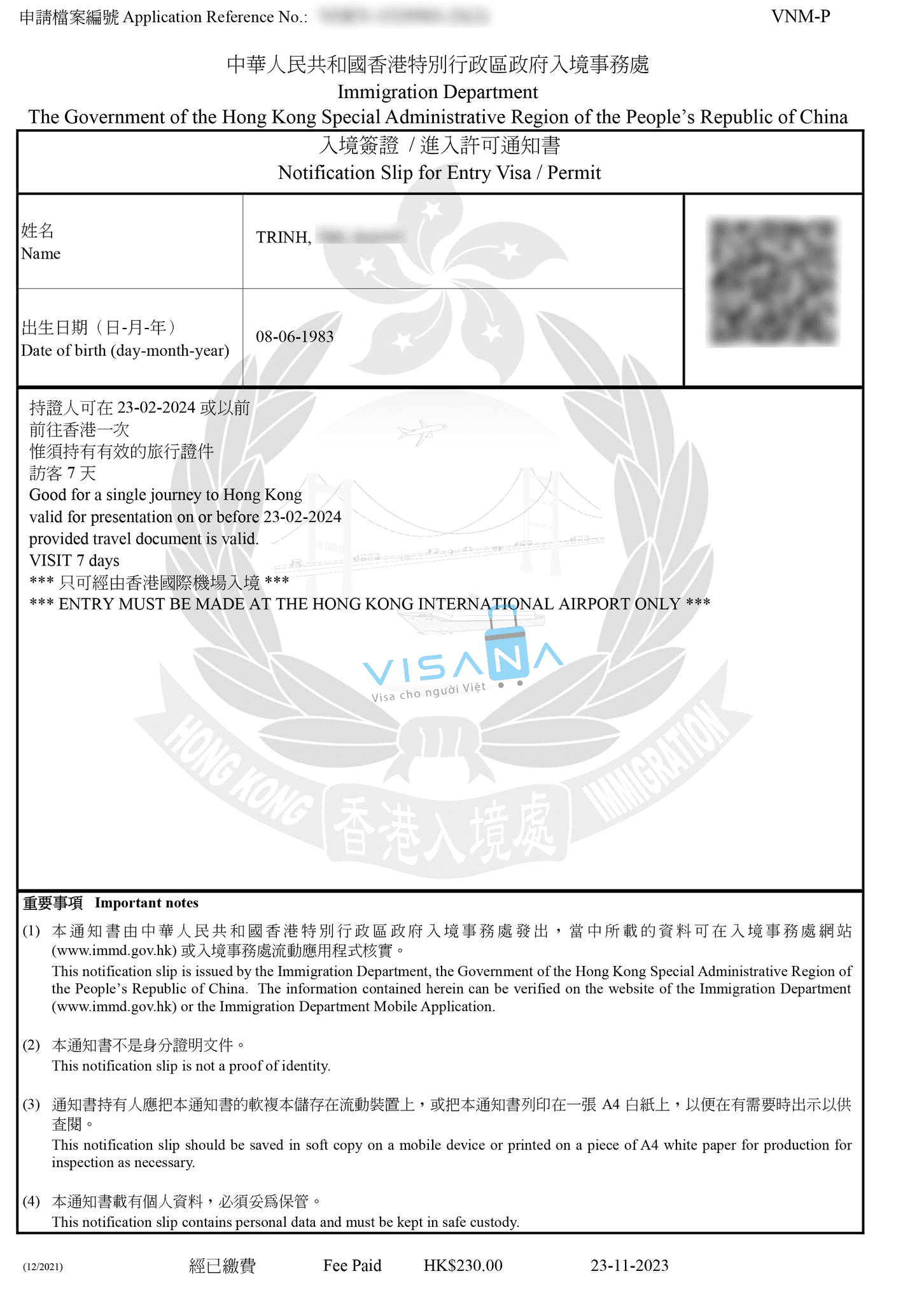 kết quả xin Visa Hongkong