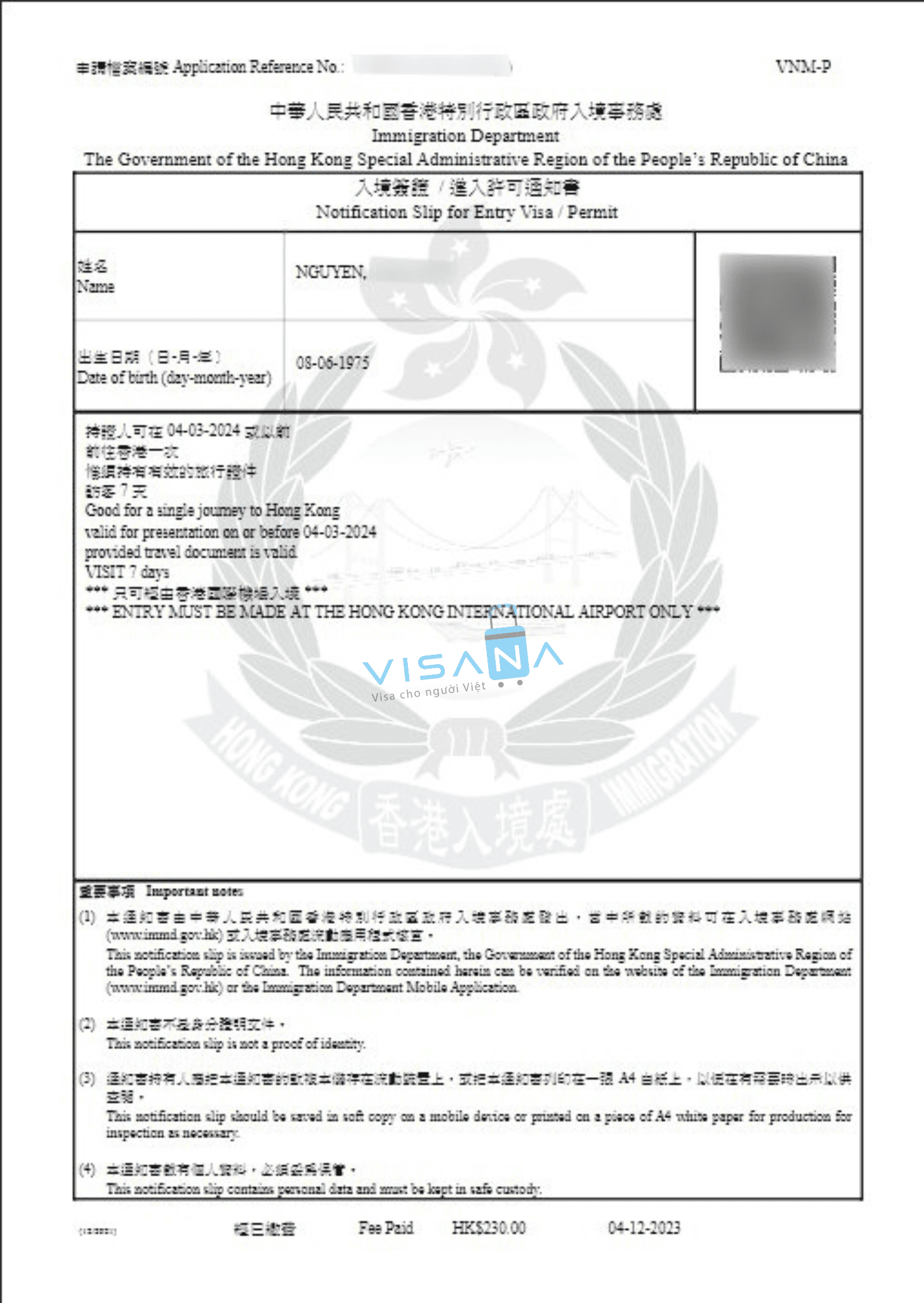 kết quả xin Visa Hongkong