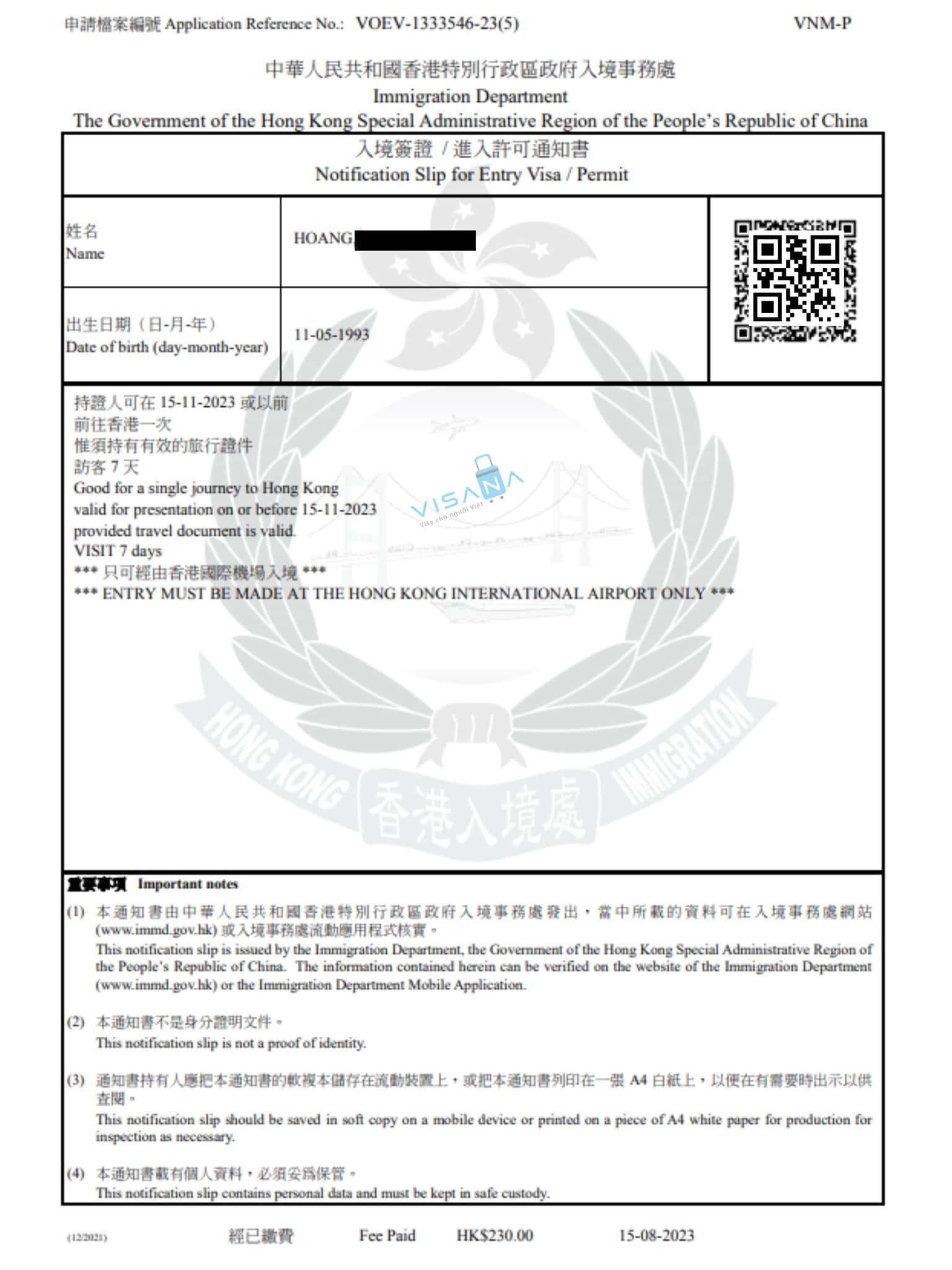 kết quả xin Visa Hongkong