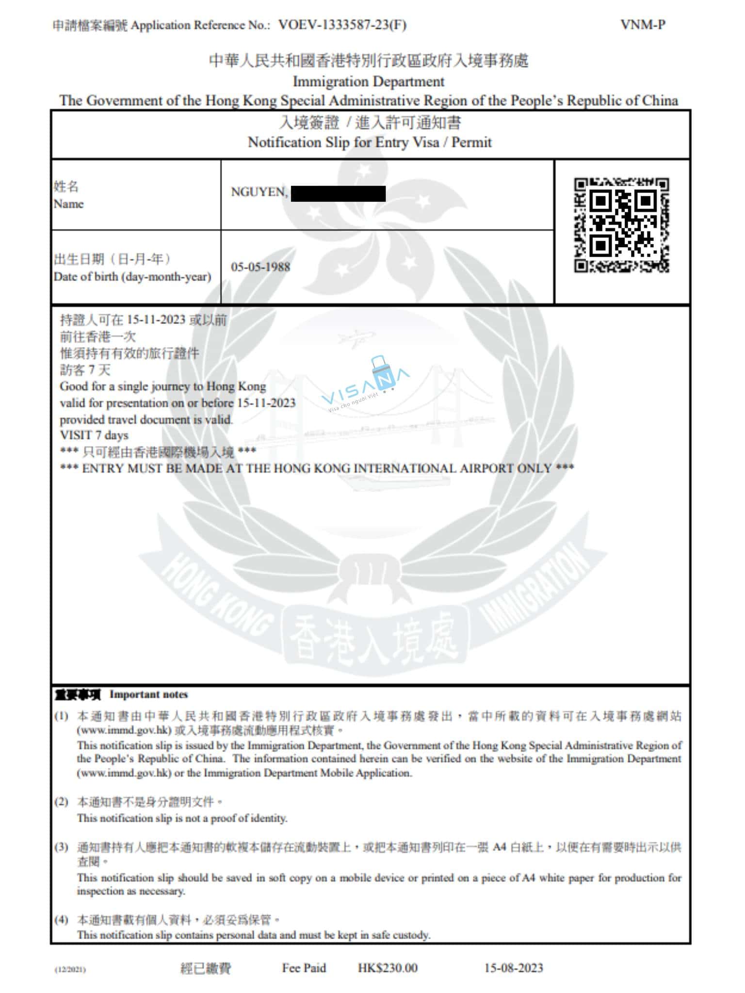kết quả xin Visa Hongkong