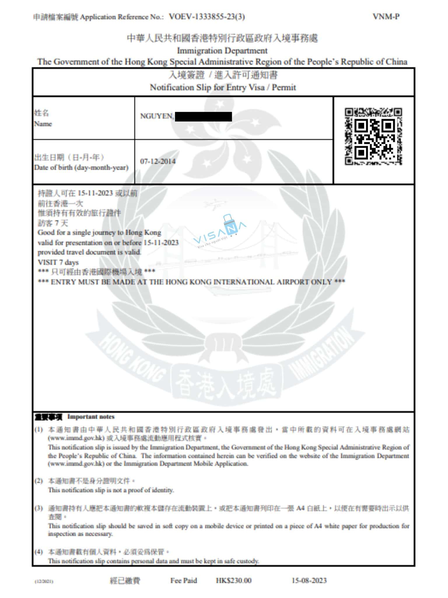 kết quả xin Visa Hongkong